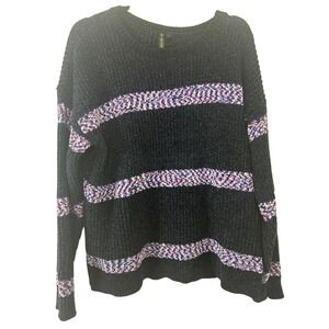 Allie & Rob XL Chenille Knit Sweater Navy Blue Multi Color Striped Pullover